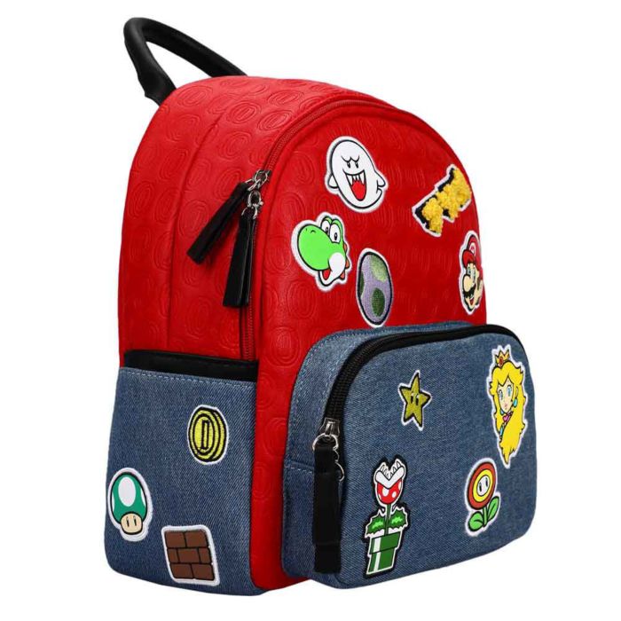 Super Mario Mario Icon Patches Embossed 11 Faux Leather Mini Backpack by Bioworld Popcultcha