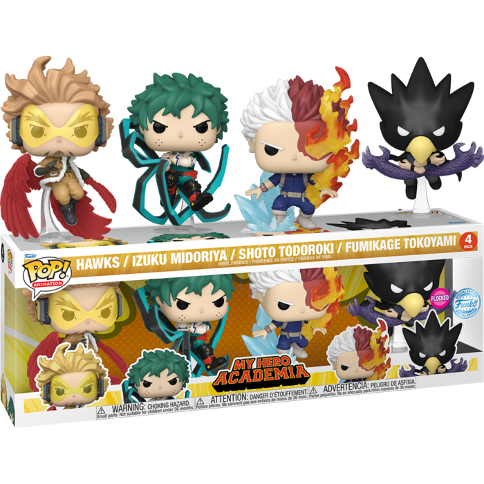 My Hero Academia Hawks Izuku Midoriya Shoto Todoroki Fumikage Tokoyami Flocked Pop Vinyl Figure 4 Pack by Funko Popcultcha
