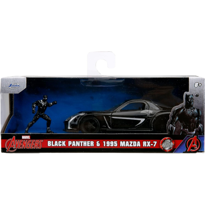 Jada Marvel Black Panther 1995 Mazda RX7 Widebody In Scala 1:32 Con Figura Di Black Panther Da 4,2 Cm – Modello Pressofuso Con Porte Apribili, Giocattolo Per Bambini 8+ - 4