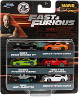 Fast & Furious - Dom's Dodge Charger R/T, Brian's Toyota Supra, Mitsubishi Eclipse, Ford F-150 SVT Lightning, 2020 Jeep Gladiator & Toyota Supra Nano Hollywood Rides 1.5" Die-Cast Vehicle Replica 6-Pack