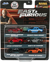 Fast & Furious - Dom's Dodge Charger Daytona, Brian's Ford Escort, Lykan Hypersport, Ice Charger, 2020 Dodge Charger SRT Hellcat & Toyota GR Supra Nano Hollywood Rides 1.5" Die-Cast Vehicle Replica 6-Pack